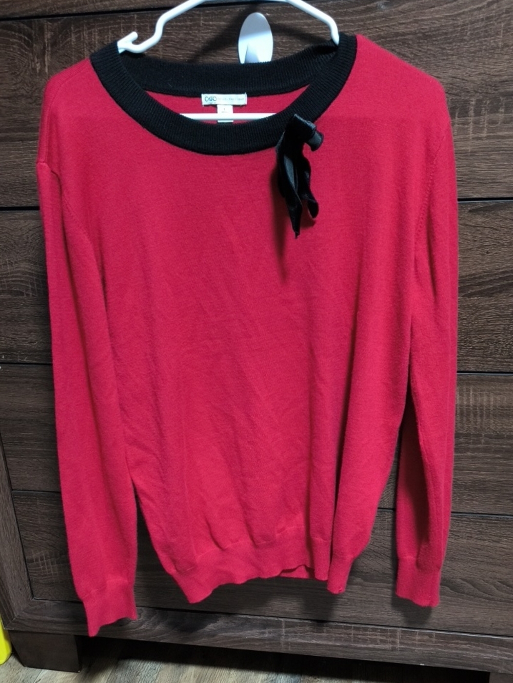 croft & barrow Red Crewneck Sweater with Black Trim and Bow